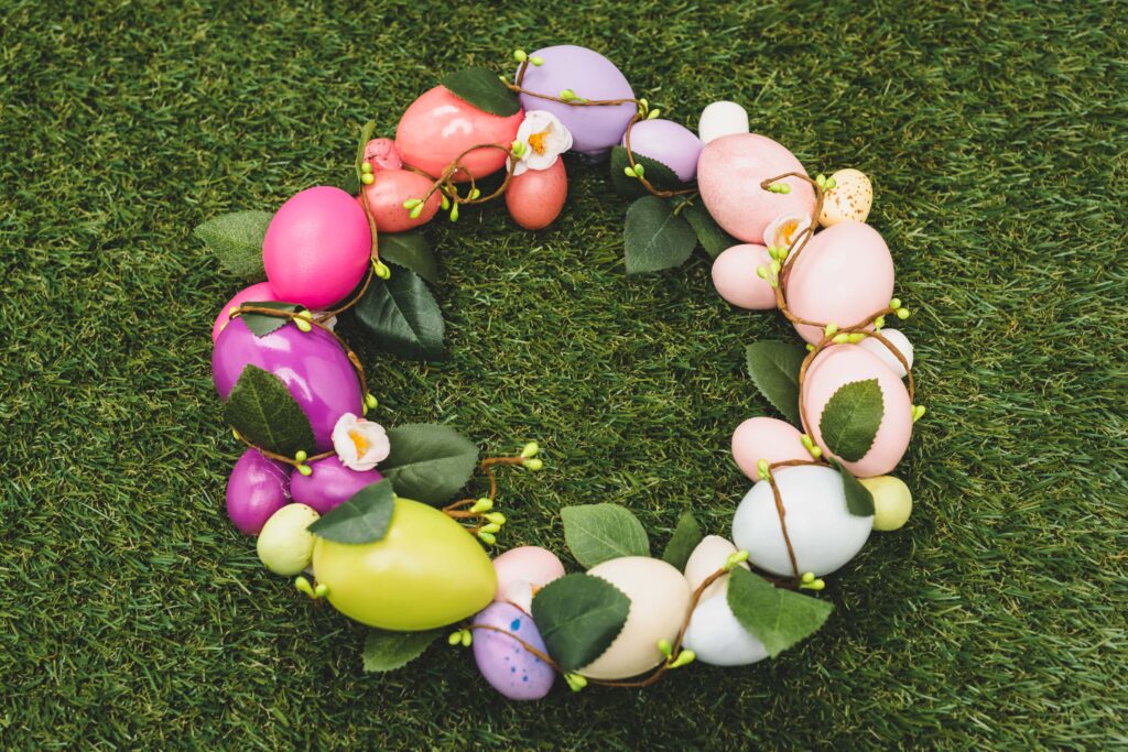 Easter wreath made of colorful fake eggs
