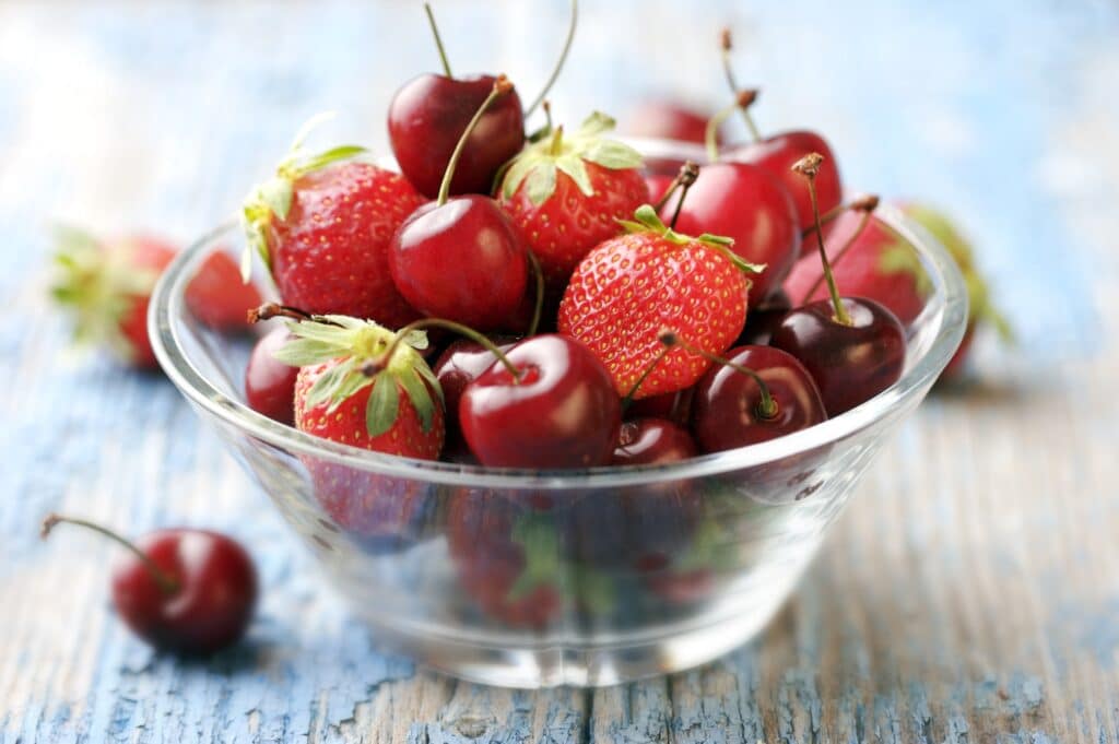 Bowl of cherries and strawberries